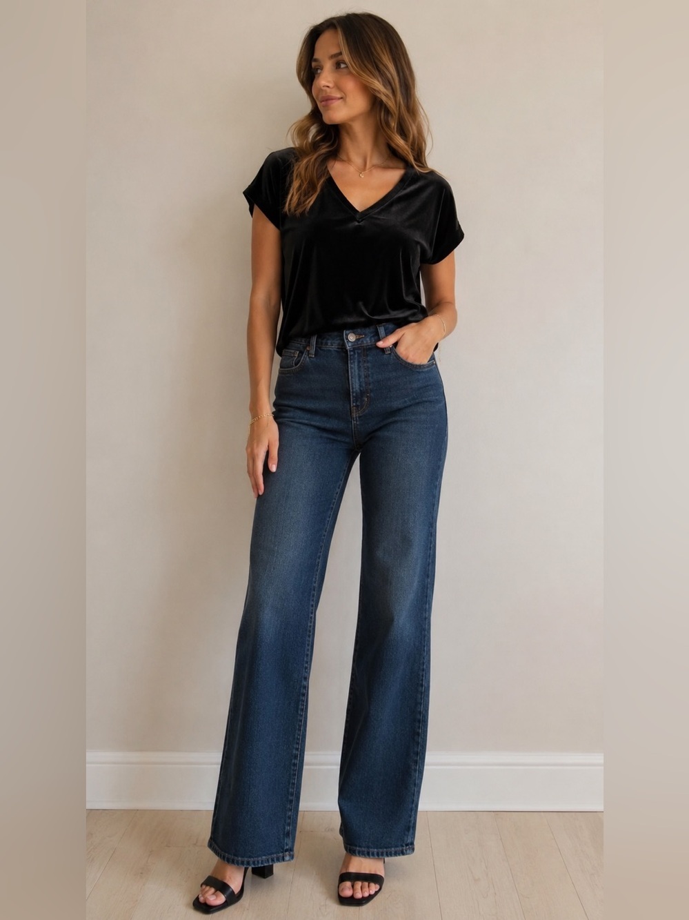 Sanctuary Black Velvet V Neck Top Medium
